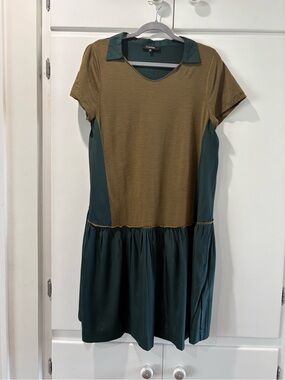 Cotelac Two-Tone Olive and Teal Collared Midi Dress US Size 10-12